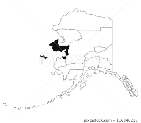 Map of Nome borough in Alaska state on white background. single borough map highlighted by black colour on Alaska map. UNITED STATES, US Map of Nome borough in Alaska state on white background. single borough map highlighted by black colour on Alaska map. UNITED STATES, US 116840215