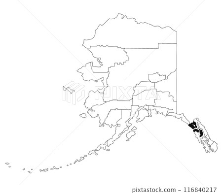 Map of hoonah angoon borough in Alaska state on white background. single borough map highlighted by black colour on Alaska map. UNITED STATES, US Map of hoonah angoon borough in Alaska state on white background. single borough map highlighted by black colour on Alaska map. UNITED STATES, US 116840217