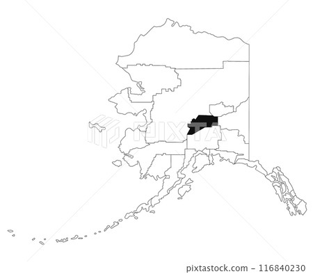 Map of Denali borough in Alaska state on white background. single borough map highlighted by black colour on Alaska map. UNITED STATES, US 116840230