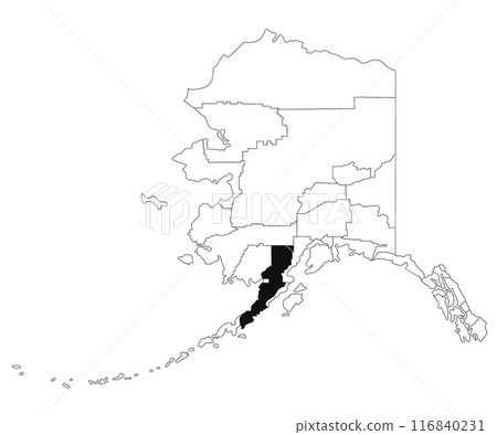 Map of Lake and Peninsula borough in Alaska state on white background. single borough map highlighted by black colour on Alaska map. UNITED STATES, US 116840231