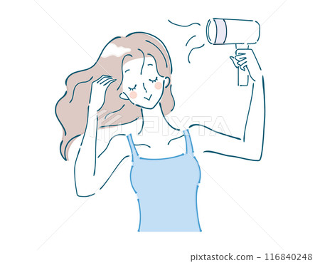 A woman drying her hair with a dryer. 116840248