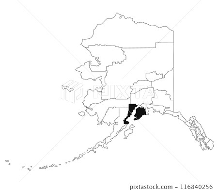 Map of Kenai Peninsula borough in Alaska state on white background. single borough map highlighted by black colour on Alaska map. UNITED STATES, US Map of Kenai Peninsula borough in Alaska state on white background. single borough map highlighted by black colour on Alaska map. UNITED STATES, US 116840256