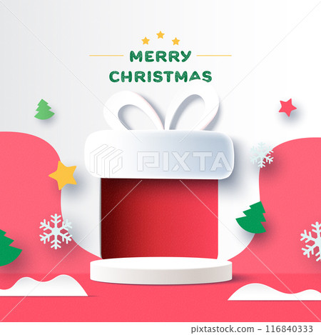 Abstract 3d white cylinder pedestal podium and Paper cut Red Gift Box background. Minimal winter scene for product display presentation. Vector illustration. Abstract 3d white cylinder pedestal podium and Paper cut Red Gift Box background. Minimal winter scene for product display presentation. Vector illustration. 116840333