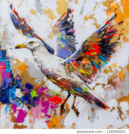 Luxury wall art. Oil Painting of seagull, dynamic splash of golden and multicolored hues 116840681