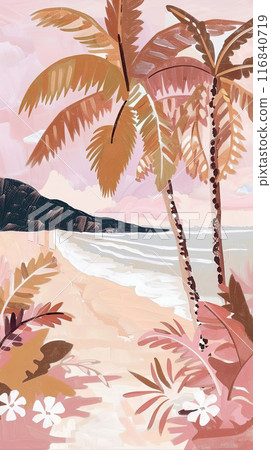 Tropical Hawaiian poster. Palm trees and soft pastel sky. Wall art design. 116840719
