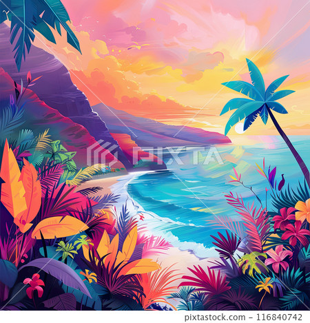 Vibrant beach scene with lush vegetation, colorful sky, and ocean waves at sunset 116840742