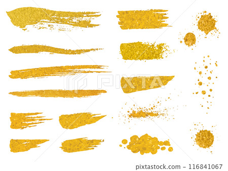 Set 3 of gold brush-drawn material on white background 116841067