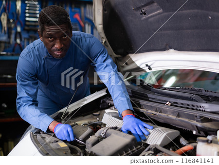 Skilled mechanic technician working at service station Skilled mechanic technician working at service station 116841141