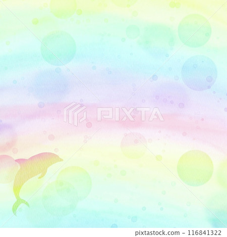 Watercolor illustration of a pastel colored rainbow and a silhouette of a jumping dolphin. A summery frame full of happiness. 116841322