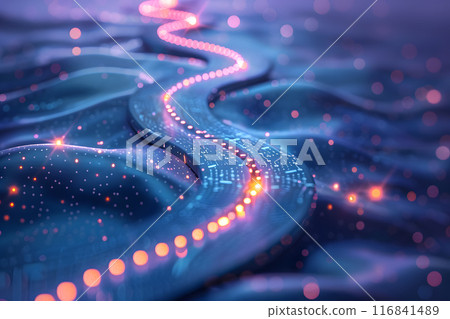 The artwork beautifully portrays a futuristic digital pathway amidst glowing lights, navigating through an abstract tech terrain, embodying innovation and interconnectedness 116841489