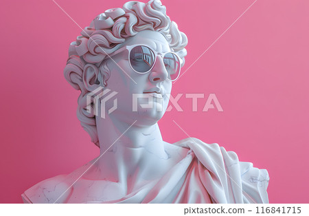 A sculpture of a man in sunglasses and a hat on a pink background, showcasing the importance of vision care and eyewear in art A sculpture of a man in sunglasses and a hat on a pink background, showcasing the importance of vision care and eyewear in art 116841715