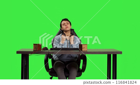 POV of young adult celebrating her video games victory sitting at desk, playing online gaming tournament on computer. Woman gamer having fun winning championship, greenscreen. Camera B. POV of young adult celebrating her video games victory sitting at desk, playing online gaming tournament on computer. Woman gamer having fun winning championship, greenscreen. Camera B. 116841824