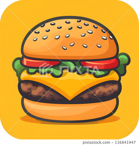 A cartoon illustration of a hamburger, a staple food in fast food culture, with a bun on a yellow background. This finger food art is a mouthwatering sandwich 116841947
