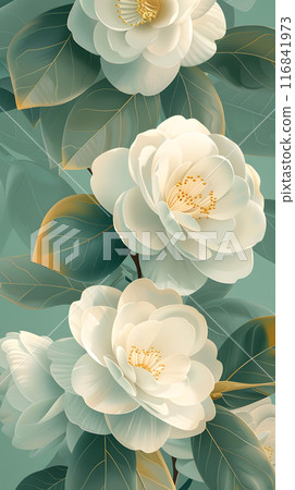 A beautiful arrangement of white flowers with green leaves in a lush green background. The flowers belong to the rose family and add a touch of nature and beauty to the scene 116841973