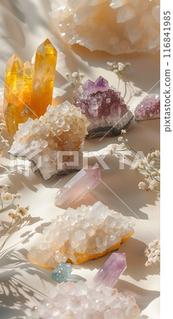 An incredible exhibition of diverse healing crystals and stones, with vibrant yellow, purple, and clear formations glistening in the natural sunlight, creating a truly mesmerizing display 116841985