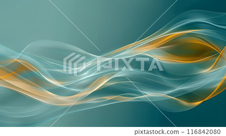 An electric blue and yellow wave on a dark blue background resembling water or liquid, with a sky and cloudlike pattern. The design looks like smoke art on a transparent material 116842080