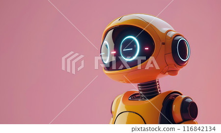 A yellow robot with glowing eyes is standing on a magenta background, resembling a piece of art. Its shiny exterior reflects the camera accessories and other equipment in the room 116842134