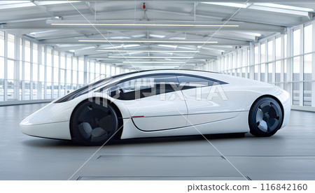 A sleek white vehicle with alloy wheels and automotive lighting is parked in a garage with plenty of windows, showcasing its elegant automotive design 116842160
