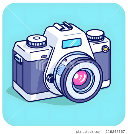 This detailed illustration showcases a vintage camera in vibrant colors, perfect for projects related to photography. Tags illustration, lens, shutter, technology 116842167