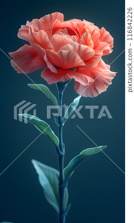 A close up of a pink flower with green leaves from the Rose family on a dark blue background. The flower belongs to the Rose order and is an annual plant, ideal for cut flowers A close up of a pink flower with green leaves from the Rose family on a dark blue background. The flower belongs to the Rose order and is an annual plant, ideal for cut flowers 116842226