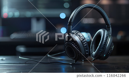 A pair of Electric blue headphones resting on a sleek wooden table, a stylish addition to any audio equipment collection 116842266