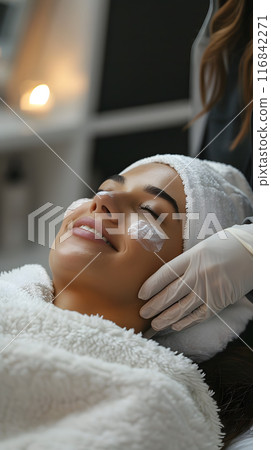 A woman is receiving a facial treatment, making her smile and feel happy. She relaxes as the esthetician works on her jaw, eyelashes, and wrinkles, enjoying the pampering event at the spa 116842271