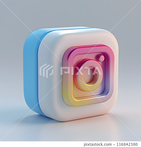 A rectangular blue and white Instagram icon is placed on a clean white surface. The camera accessory features shades of magenta, violet, and electric blue, giving it a vibrant and modern look 116842380