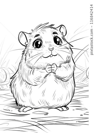 A black and white art piece depicting a hamster, a terrestrial animal with whiskers and a snout, standing in the grass with a Felidaelike gesture and jaw 116842414