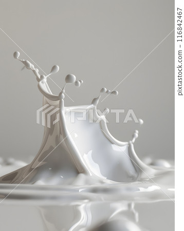 Witness the impressive highspeed shot of a milk splash suspended in motion, forming mesmerizing patterns and velvety finishes. Perfect for dairy, freshness, and liquidrelated concepts 116842467