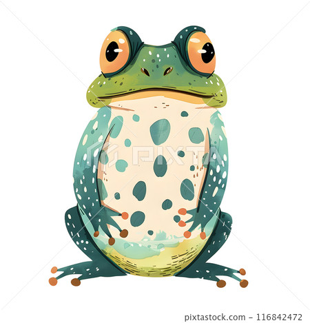 A true frog with green body and orange eyes is depicted sitting on a white background in this creative art piece. The terrestrial amphibians pattern is beautifully captured in the painting A true frog with green body and orange eyes is depicted sitting on a white background in this creative art piece. The terrestrial amphibians pattern is beautifully captured in the painting 116842472