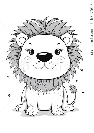 A cartoonstyle drawing of a happy lion with a big smile, sitting down. Its hair is welldetailed, and the gesture of its head adds charm to the sleeve and font of this mammal art 116842509