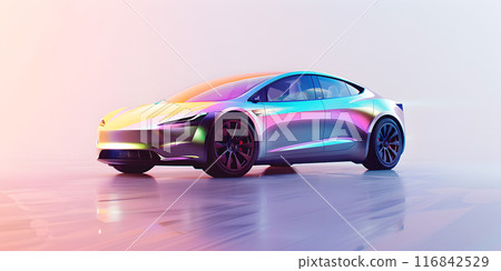 In a sleek, modern setting, a stunning futuristic electric car gleams with an iridescent sheen on a reflective surface, embodying innovation and style in automotive design 116842529