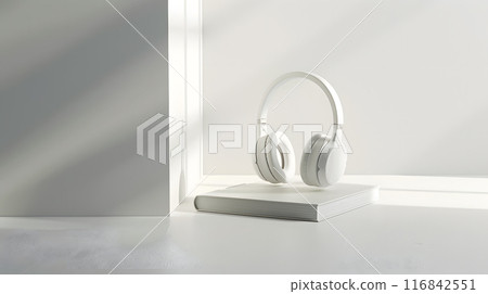 A serene image of white wireless headphones and a closed book, bathed in soft sunlight. Perfect for tech, lifestyle, or modern content creators seeking an elegant visual touch 116842551