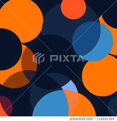 A modern and eyecatching abstract design featuring vibrant overlapping circles in shades of orange, blue, and red on a dark background, creating a dynamic and creative composition 116842564