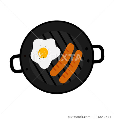 Rustic breakfast with sausages, fried egg, salt and pepper in grill pan Top view Isolated on white 116842575