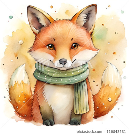 Watercolor painting, cartoon style, of a fox.wear a scarf, generative ai 116842581