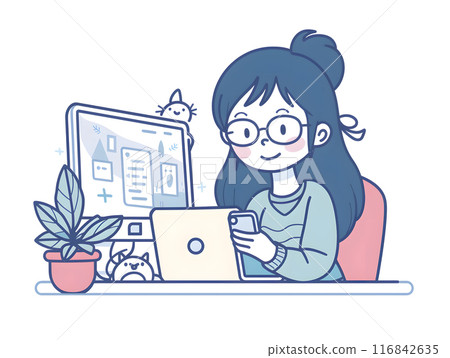 A charming animated girl is busy working on her laptop in a warm and inviting workspace surrounded by a plant and coffee mug, creating a sense of productivity and coziness A charming animated girl is busy working on her laptop in a warm and inviting workspace surrounded by a plant and coffee mug, creating a sense of productivity and coziness 116842635