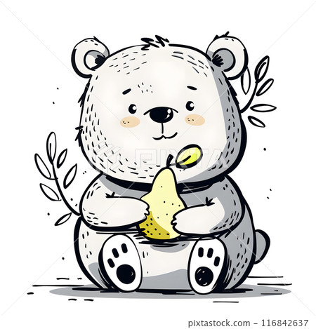 A cartoon teddy bear is happily sitting at a rectangle tableware, munching on a pear. Its snout covered in liquid as it enjoys the dishware art 116842637