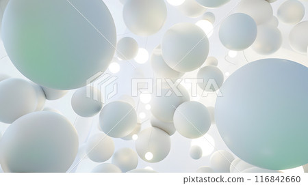 This captivating scene features abstract white spheres floating in a beautiful, ethereal environment, bathed in gentle light, creating a peaceful and dreamlike atmosphere This captivating scene features abstract white spheres floating in a beautiful, ethereal environment, bathed in gentle light, creating a peaceful and dreamlike atmosphere 116842660