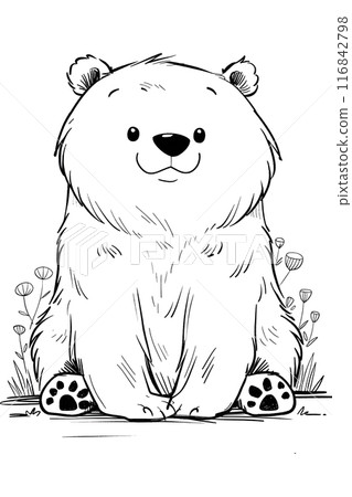 A cartoonstyle black and white drawing of a carnivorous terrestrial animal, a polar bear, sitting in the grass. It has a happy smile, whiskers, and a cute snout, resembling a toy with artistic font A cartoonstyle black and white drawing of a carnivorous terrestrial animal, a polar bear, sitting in the grass. It has a happy smile, whiskers, and a cute snout, resembling a toy with artistic font 116842798