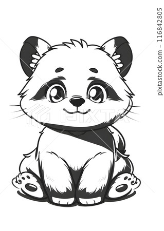 A cartoonstyle blackandwhite drawing of a happy raccoon sitting down, featuring big nose and head, cute gesture. This art can be used as a toy or font design 116842805