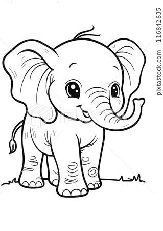 A sweet cartoon image of a baby elephant, a working animal, in a black and white drawing. The cute organism is standing in the grass with a happy gesture, perfect for a childs toy A sweet cartoon image of a baby elephant, a working animal, in a black and white drawing. The cute organism is standing in the grass with a happy gesture, perfect for a childs toy 116842835