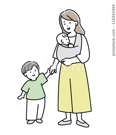 母親和孩子手牽手互相看著對方的插畫素材 116842884