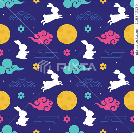 Mid Autumn Seamless Pattern Design with Decorative Elements in Hand Drawn Cartoon Flat Illustration Template 116843129