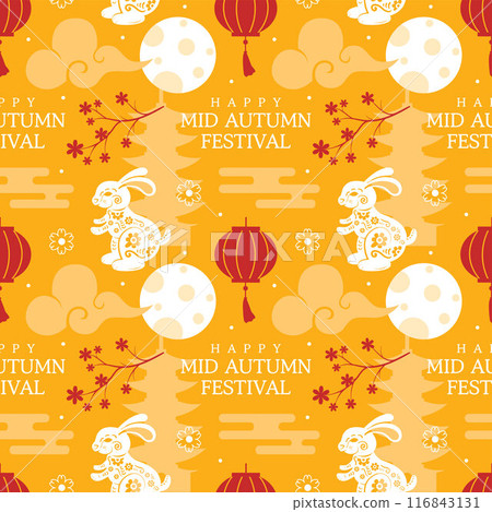 Mid Autumn Seamless Pattern Design with Decorative Elements in Hand Drawn Cartoon Flat Illustration Template 116843131