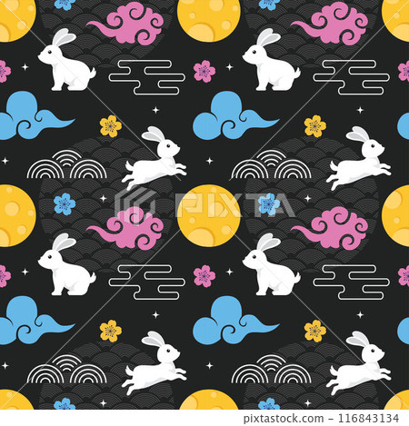 Mid Autumn Seamless Pattern Design with Decorative Elements in Hand Drawn Cartoon Flat Illustration Template Mid Autumn Seamless Pattern Design with Decorative Elements in Hand Drawn Cartoon Flat Illustration Template 116843134
