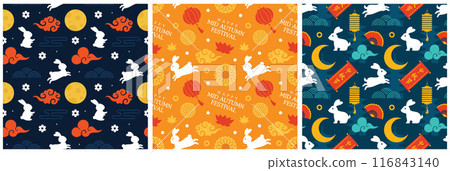 Mid Autumn Seamless Pattern Design with Decorative Elements in Hand Drawn Cartoon Flat Illustration Template Mid Autumn Seamless Pattern Design with Decorative Elements in Hand Drawn Cartoon Flat Illustration Template 116843140