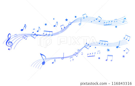 A musical score frame illustration with a perspective that evokes the night sky. Musical staff. Background illustration. Notes, rests, musical symbols. A musical score frame illustration with a perspective that evokes the night sky. Musical staff. Background illustration. Notes, rests, musical symbols. 116843316
