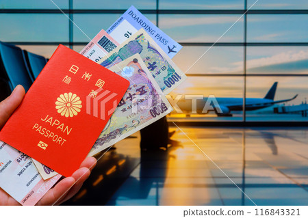 There are Japanese yen banknotes, Japanese passport, tickets for flight in passenger possession at airport terminal There are Japanese yen banknotes, Japanese passport, tickets for flight in passenger possession at airport terminal 116843321