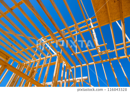 New home was constructed with ceiling roof trusses, framework beams, rafters New home was constructed with ceiling roof trusses, framework beams, rafters 116843328